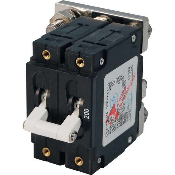 <b>C-Series Toggle DC Double Pole</b><br><br><br><b>PN:</b>7269<br><b>Poles:</b>2<br><b>Color:</b>White<br><b>Amperage:</b>200A<br><br><br><b>Features:</b><br><ul><li>Provides overcurrent protection for inverters, bow thrusters, and windlasses<br>...