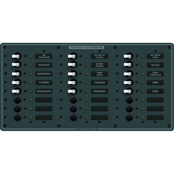 Blue Sea Systems 8265 AC 24-Position Panel with (15) 15A Circuit Breakers and Backlit Labels