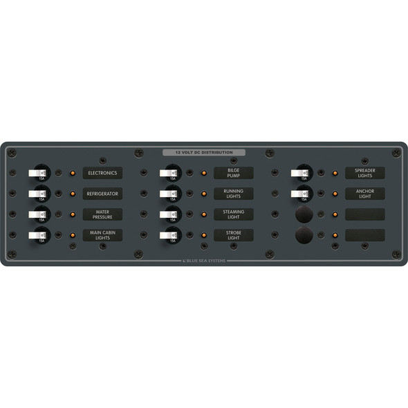 <b>12 Positions</b><br><br><br><li>(10) 15A Single Pole Circuit Breakers</li><br><br>White Switches<br><br><b>Features:</b><br><ul><li>Voltage 12/24v<br><li>Amperage 100A<br><li>All positive, negative and grounding buses installed, fully pre-wired...