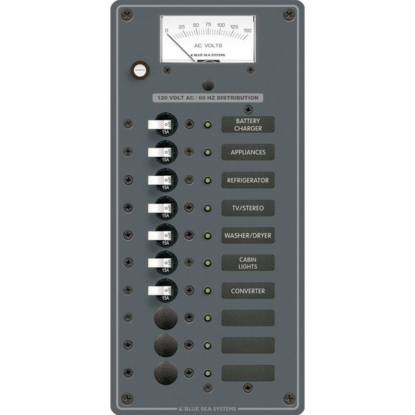 Blue Sea Systems AC 10 Position Panel with (7) 15A Single Pole Circuit Breakers and Analog Voltmeter