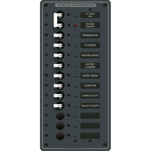 <b>Main + 11 Positions</b><br><br><li>(1) 30A Double Pole Circuit Breaker<br><li>(8) 15A Single Pole Circuit Breaker</li><br><br><ul><li>Red reverse polarity indicating LED <br><li>All hot, neutral and safety ground buses installed, fully pre-wire...