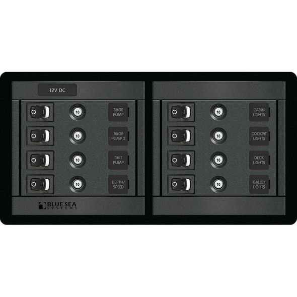 Blue Sea Systems 1456 8-Position Horizontal Switch Panel with Voltmeters and Ammeters