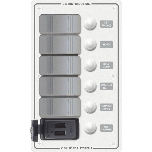 Blue Sea Systems 8421 5-Position Contura Switch Panel with Dual USB Chargers for 12/24V DC Systems