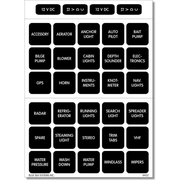 Blue Sea Systems 4215 Square Format Label Set – Waterproof DC Labels for WeatherDeck and Battery Management Panels