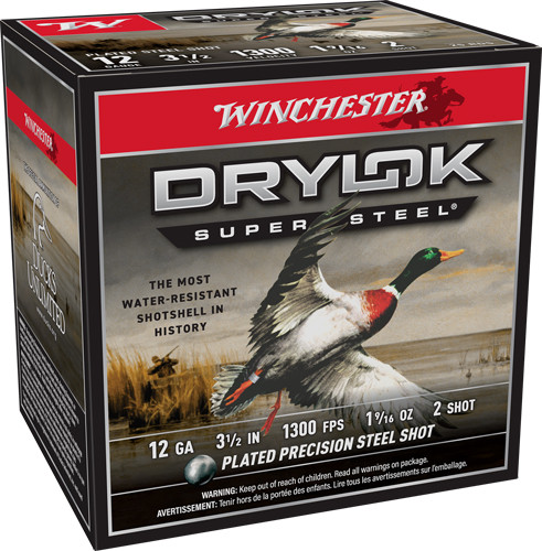 Winchester Ammunition Drylock 12 Gauge 3.5-Inch Shotgun Shells, #2 Steel Shot, 1300 FPS - 25 Rounds per Box