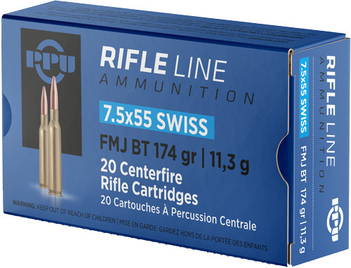 Ppu 7.5x55 Swiss 174 Grain FMJ Rifle Ammunition - Reloadable