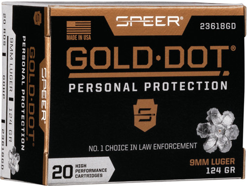 Speer Gold Dot 9mm Luger 124 Grain Jacketed Hollow Point Ammunition, 20 Rounds per Box