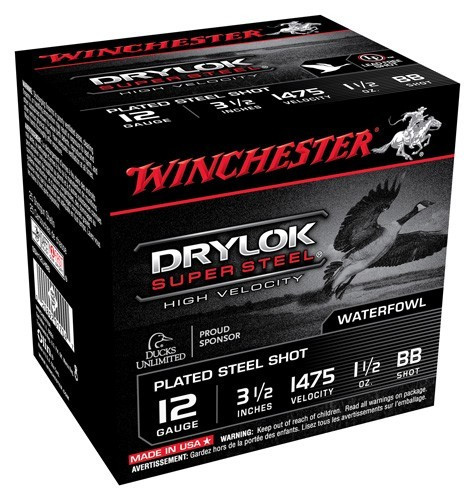 Winchester Drylok 12 Gauge 3.5-Inch Shotgun Shells - 1-1/2 oz #BB Steel Shot, 1475 FPS Velocity, 25 Rounds per Box