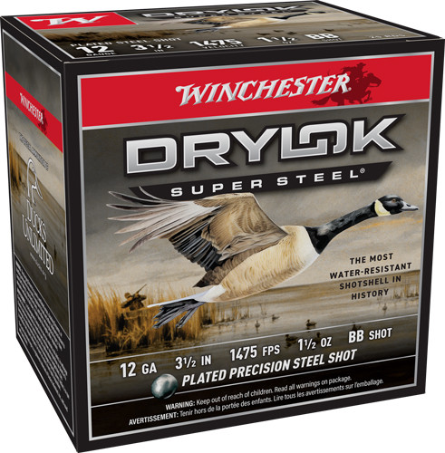 Winchester Drylok 12 Gauge 3.5-Inch Shotgun Shells - 1-1/2 oz #BB Steel Shot, 1475 FPS Velocity, 25 Rounds per Box
