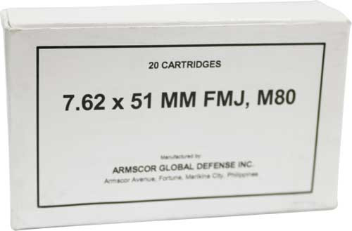 ARMSCOR 7.62x51mm M80 Full Metal Jacketed Rifle Ammunition - 147 Grains, Reloadable, 20 Rounds per Box