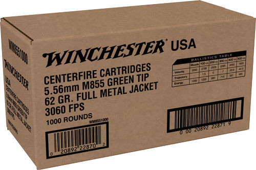 Winchester Ammunition USA 5.56x45 Green Full Metal Jacketed 62 Grain Rifle Cartridges