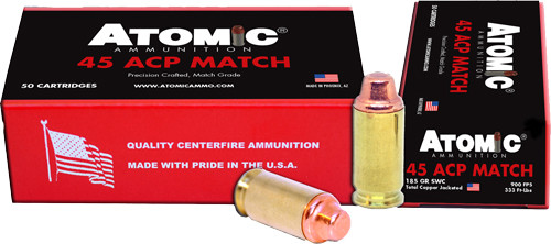 Atomic Ammunition 45 ACP Match 185 Grain Lead Semi-Wadcutter Ammunition - Reusable Plastic Box