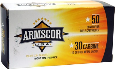ARMSCOR 30 Carbine 110 Grain FMJ Ammunition - Reloadable Full Metal Jacketed Bullets