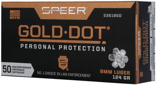 Speer Gold Dot 9mm Luger Ammunition - 124 Grain Jacketed Hollow Point, Reloadable, 50 Rounds per Box