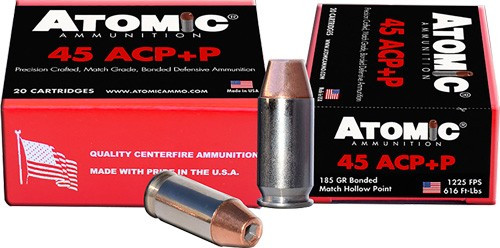 Atomic Ammunition 45 ACP +P 185 Grain Bonded Hollow Point Cartridges - Reloadable, Made in USA