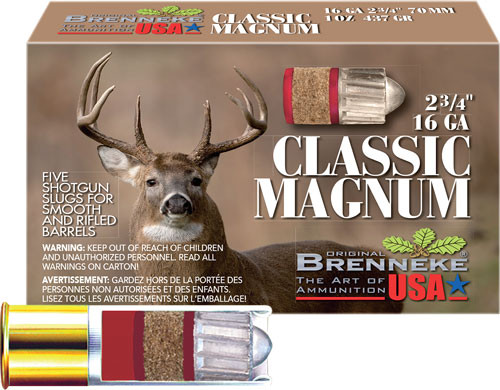 Brenneke USA Classic MAH 16 Gauge Slug Ammo – 1 oz Lead with Ribs, 1580 FPS
