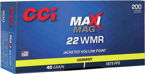 CCI Maxi-Mag .22 WMR 40 Grain Jacketed Hollow Point Ammunition - Reliable Performance with 1875 FPS Velocity