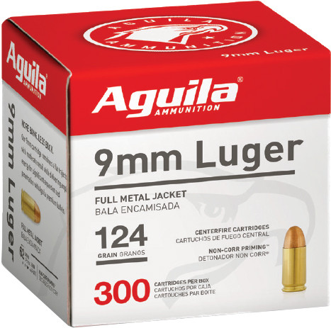 Aguila 9mm Luger 124 Grain FMJ-RN Ammunition, Part Number 1E092108