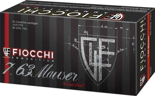Fiocchi 7.63 Mauser 88 Grain Full Metal Jacket Ammunition, Part Number 763A