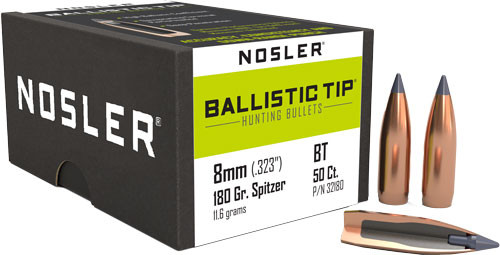 Nosler Bullets 8mm .323 Caliber Spitzer Boat Tail Ballistic Tip Hunting Ammunition, 180 Grain, Box of 50