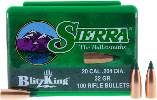 Sierra Bullets .20 Caliber .204 Blitzking Series 32 Grain Spitzer Polymer Tip Boat Tail Bullets - 100 Rounds
