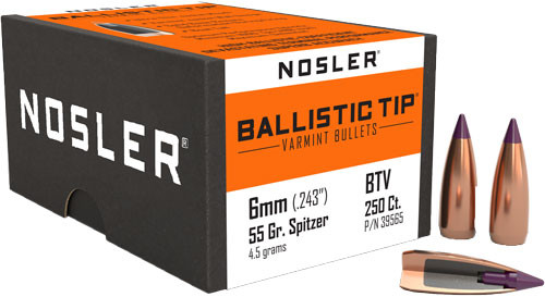Nosler Bullets 6mm .243 Caliber Ballistic Tip Varmint Bullets - 55 Grain, Boat Tail, Jacketed, 250 Rounds