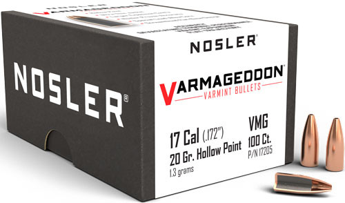 Nosler Bullets Varmageddon Varmint Bullet .17 Caliber .172 Diameter 20 Grain Hollow Point Flat Base (100 Rounds)