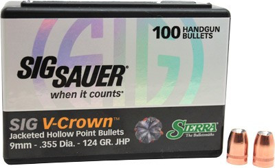 Sierra Bullets 9mm .355 Sig V-Crown JHP - 124 Grain Jacketed Hollow Point, 100 Rounds
