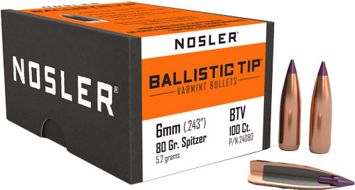 Nosler Bullets 6mm .243 Caliber Ballistic Tip Varmint Bullets - 80 Grain, Boat Tail, Jacketed, 100 Rounds