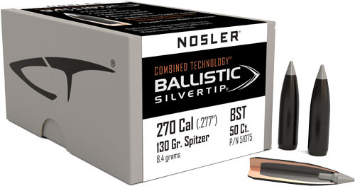 Nosler Bullets .270 Caliber .277 Diameter 130 Grain Ballistic Silver Tip Spitzer Boat Tail Hunting Bullets (Part #51075)