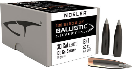 Nosler Bullets .30 Caliber .308 Diameter 180 Grain Ballistic Silver Tip Spitzer Boat Tail Hunting Ammo
