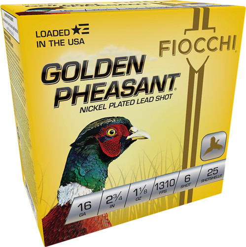 Fiocchi Golden Pheasant 16 Gauge Shotshells - 1-1/8 oz #6 Lead, Nickel Plated, 1310 FPS