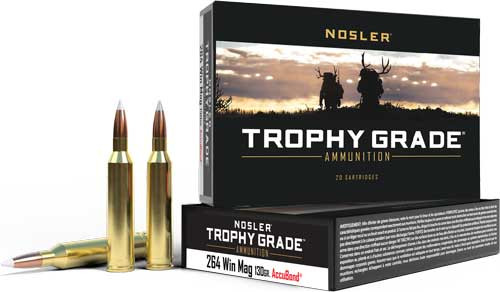Nosler Trophy Grade 264 Win Mag Polymer Tipped Bullets - 130 Grains, Loaded Ammunition with Brass