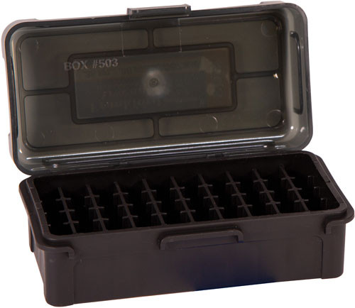 Frankford Arsenal Ammo Box 38 - 50 Rounds Pistol Storage with Hinge Top, Black/Smoke Plastic