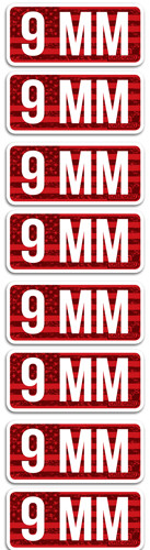 MTM 9mm Ammo Caliber Labels - Red Flag, Scratch-Resistant Polymer Coated Adhesive Labels, 2.25 x 1.08 Inches, Pack of 8
