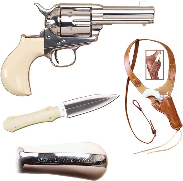 Cimarron Doc Holliday Combo .45 Long Colt Nickel Pistol with Bone Ivory Grip and Dagger Set