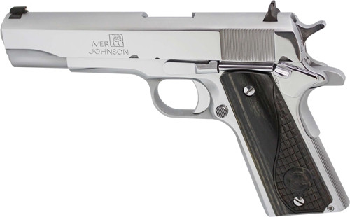Iver Johnson 1911A1 .38 Super Automatic Pistol with Chrome Finish and Wood Grip
