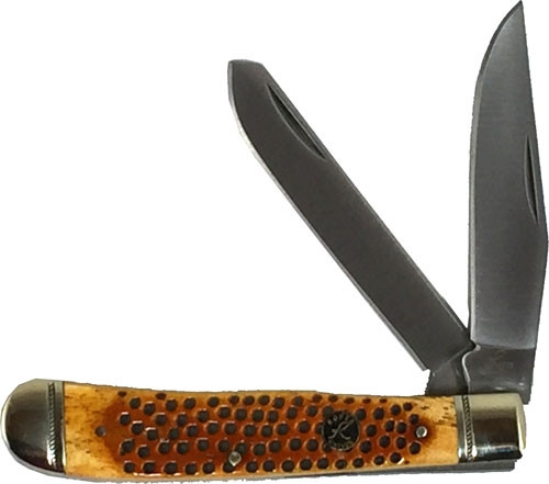 American Buffalo Knife & Tool ABKT Roper Pit Viper Trapper with Pitted Bone Handle and Carbon Steel Blades RP0002CPV