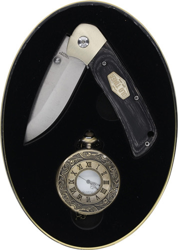 Old Timer Knife and Pocket Watch Combo with Stainless Steel Blade and Wooden Handle in Collector's Gift Tin