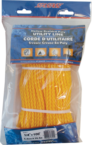 Sea Sense 50013141 Hollow Braid Rope, 1/4 inch x 100 feet, Yellow