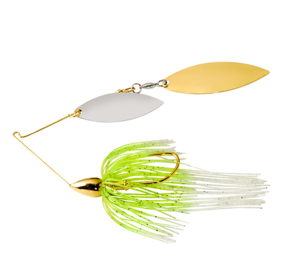 War Eagle Spinner Baits Gold Double Willow Spinnerbait with White Chartreuse Colors, Part Number WE38GWR02