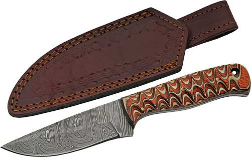 SZCO Rite Edge 4-inch Damascus Blade Fixed Knife with Red Twisted Wooden Handle and Sheath