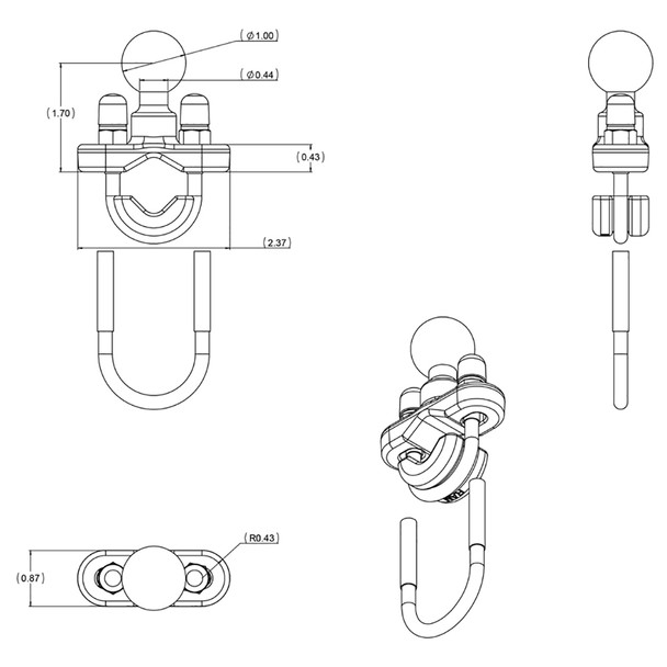 RAM Mounting Systems RAM-B-231ZU Zinc Coated U-Bolt Base with 1-inch Ball for Motorcycle & Vehicle Mounts