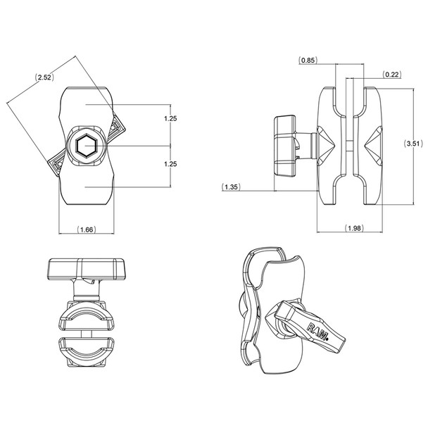 RAM Mounting Systems RAM-201U-B Short Double Socket Arm for 1.5 Inch Ball Bases