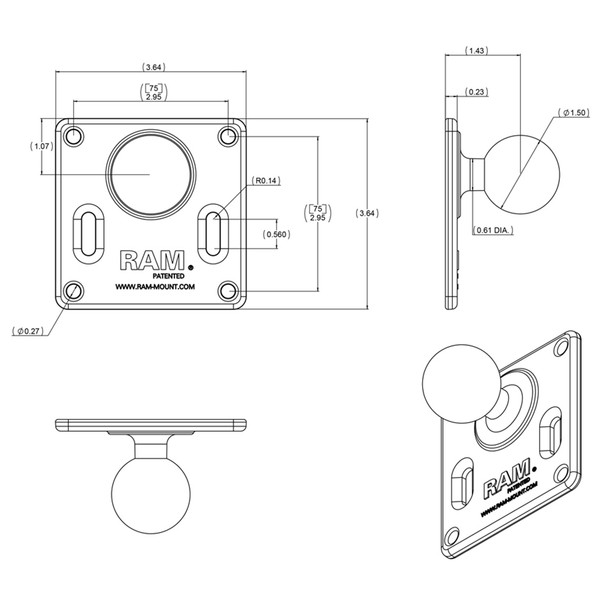 RAM Mounting Systems RAM-2461U 75mm x 75mm VESA Plate with 1.5-inch Ball for Mobile Devices
