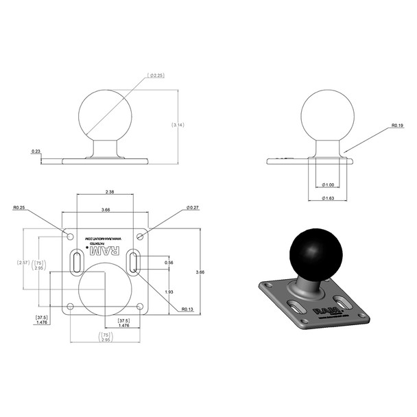 RAM Mounting Systems RAM-D-2461U 75mm x 75mm VESA Plate with 2.25-Inch Ball