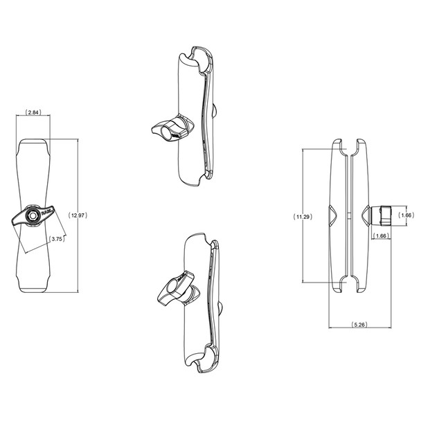 RAM Mounting Systems RAM-D-201U-E Marine-Grade Aluminum Long Double Socket Arm for 2.25-Inch Ball Bases