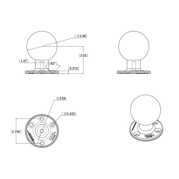 RAM Mounting Systems 3.68-Inch Round Base with 3-3/8-Inch E Size Ball for Marine Applications