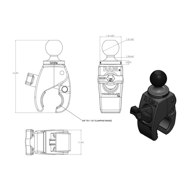 RAM Mounting Systems Small Tough-Claw with 1-Inch Rubber Ball - Versatile Clamp for Round and Square Bars