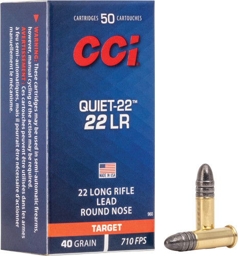 CCI Quiet 22LR 40-Grain Lead Round Nose Ammunition - Low Noise, 710 FPS, 50 Rounds